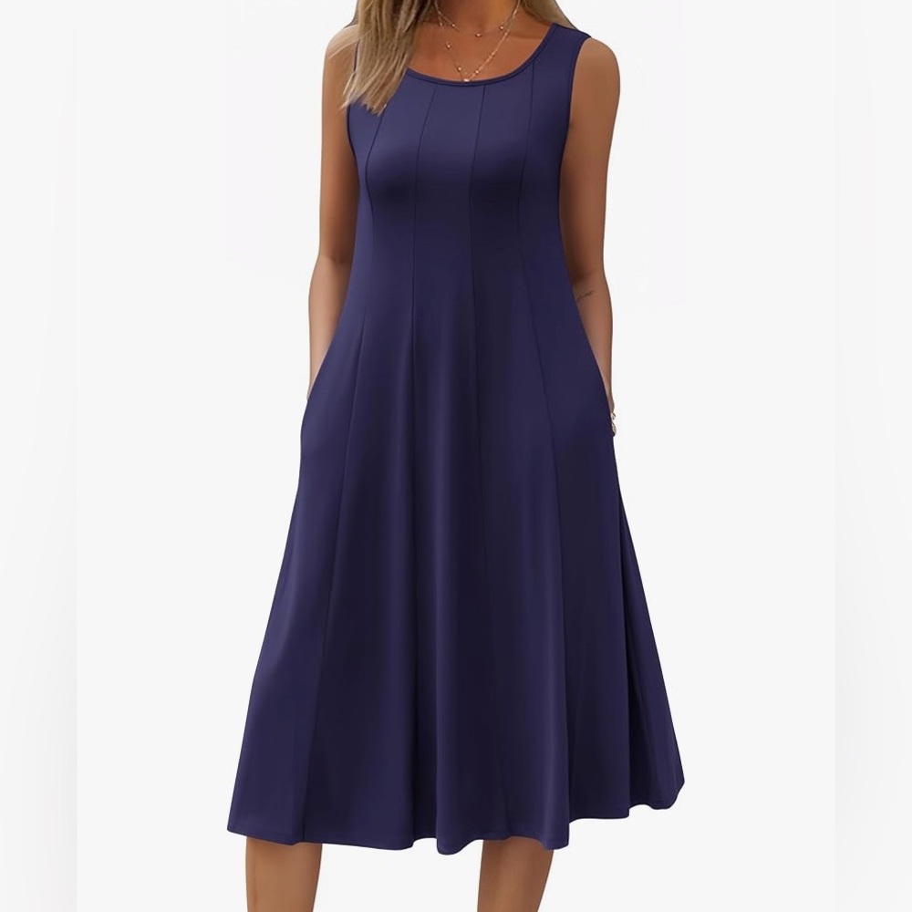 Duplicate listingHOTOUCH Elegant Navy Blue Pleated Sleeveless Dress With Pockets